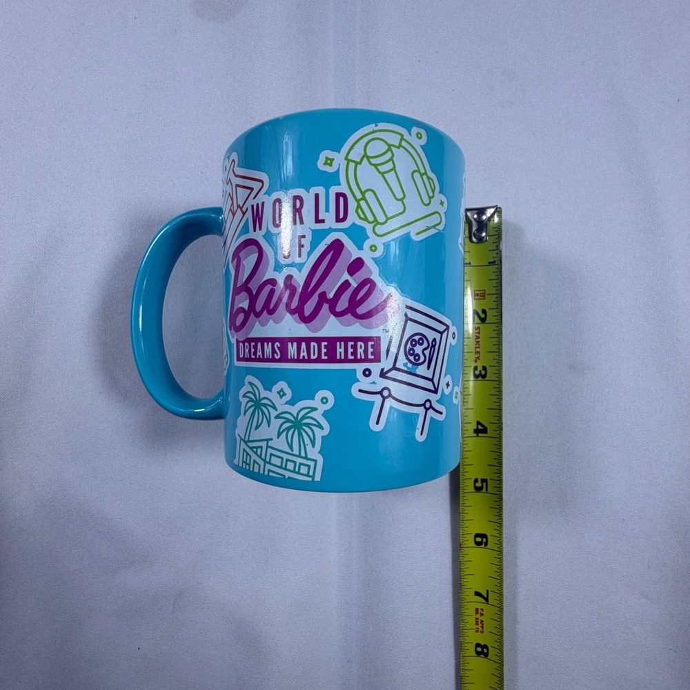 World of Barbie Dreams Made Here Teal Blue Ceramic Coffee Mug Graphic Icons Cup - Picture 4 of 5